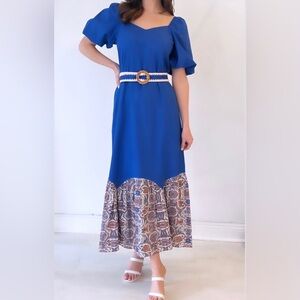Anna cate Maggie midi dress blue 100% cotton belt medium short sleeves
